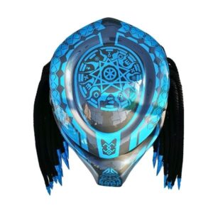 blue and black predator style custom handmade motorcycle helmet top side