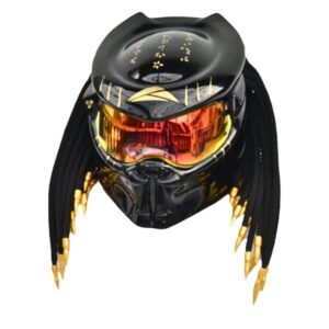 all solid black with golden tips and symbols predator style custom handmde motorcycle helmet left side