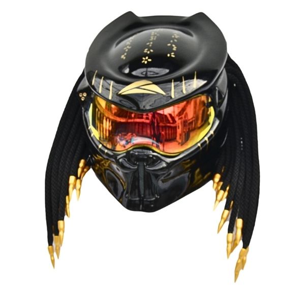 3_Golden-black-predator-helmet a all solid black with golden tips and symbols predator style custom handmde motorcycle helmet left side