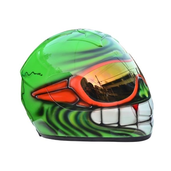 3_Green smiley-helmet h green smiley with Oakley glasses custom handmade motorcycle helmet left side