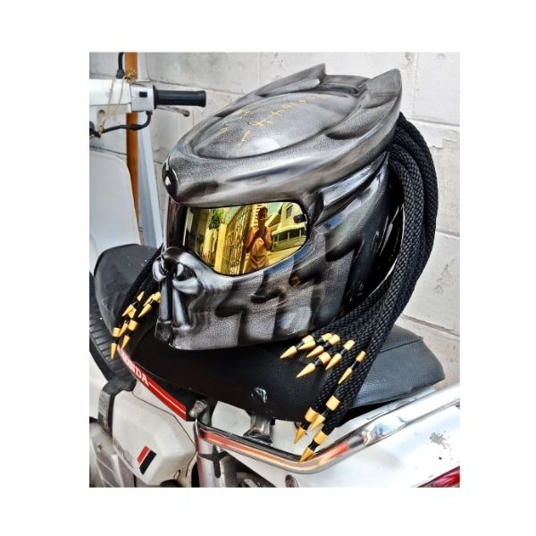3_Grey-gold-predator-helmet e grey with golden tips symbols predator style custom handmade motorcycle helmet left view