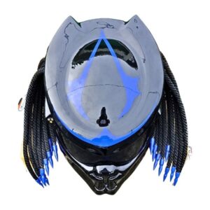 all solid black with blue symbols predator style custom handmade motorcycle helmet top side