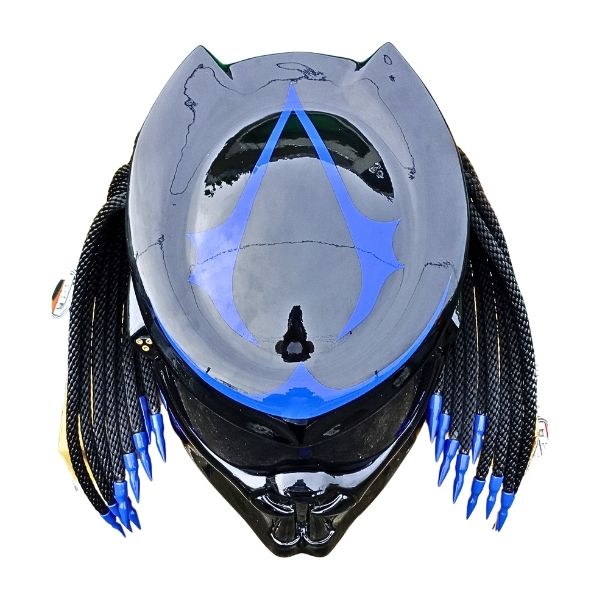 3_Navy-blue-predator-helmet b all solid black with blue symbols predator style custom handmade motorcycle helmet top side
