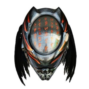 black with orange predator style custom handmade motorcycle helmet top side