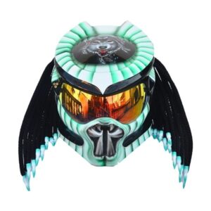 black and green with wolf predator style custom handmade motorcycle helmet front side