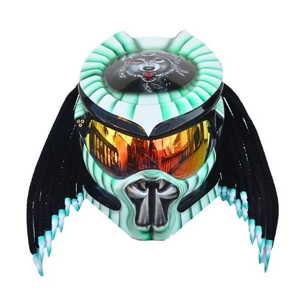 3_Purple-black-predator-helmet b black and green with wolf predator style custom handmade motorcycle helmet front side