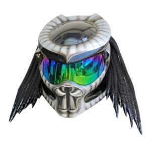 silver and black custom handmade motorcycle helmet front side