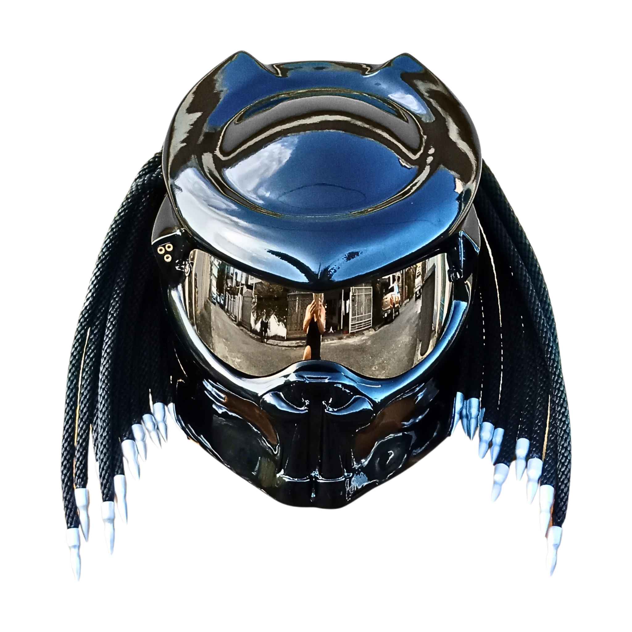 3_Super-black-predator-helmet e solid black with silver tips and silver glasses predator style custom handmade motorcycle helmet