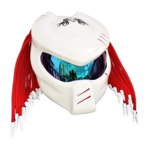 white helmet with red dreadlock predator style custom handmade motorcycle helmet right side