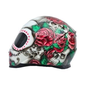 roses sugar skull custom handmade motorcycle helmet left side