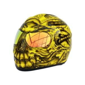 yellow and black skull ghost style custom handmade motocycle helmet left side