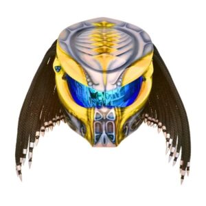 yellow and black predator style custom handmade motorcycle helmet front side