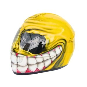 yellow smiley style handmade custom motorcycle helmet left side