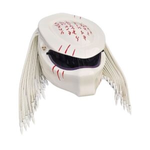 all white with red symbols predator style custom handmade motorcycle helmet top side