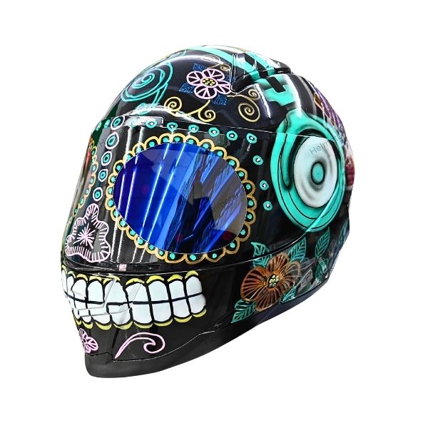 4_Beautiful-flower-helmet d sugar skull with ear phone style custom handmade motocycle helmet left side