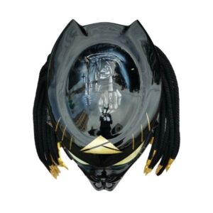 solid black with golden tips predator style custom handmade motorcycle helmet top side