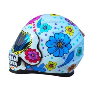 blue flower sugar skull style custom handmade motocycle helmet left side