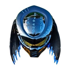 solid black with blue symbols predator style custom handmade motorcycle helmet top side