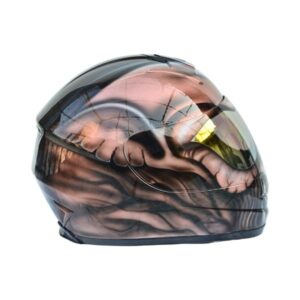 brown ghost style custom handmade motocycle helmet beside