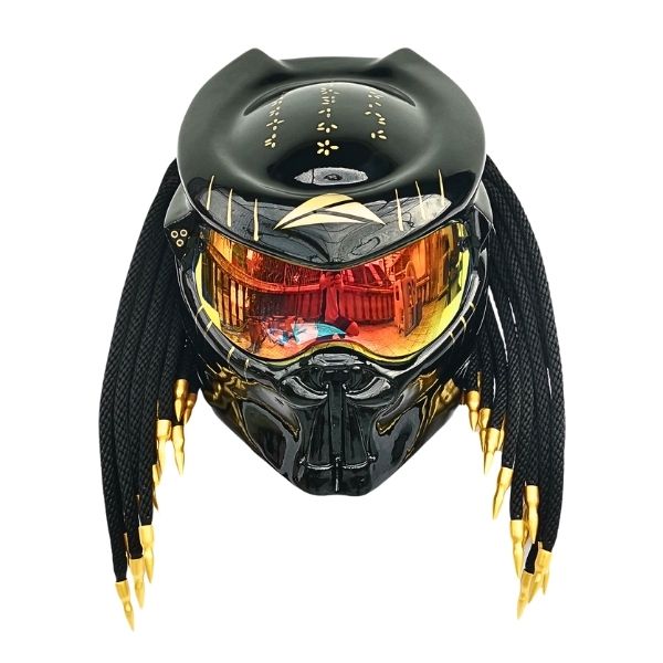 4_Golden-black-predator-helmet b all solid black with golden tips and symbols predator style custom handmde motorcycle helmet