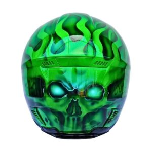 green skull helmet with fang custom handmade motorcycle helmet top side
