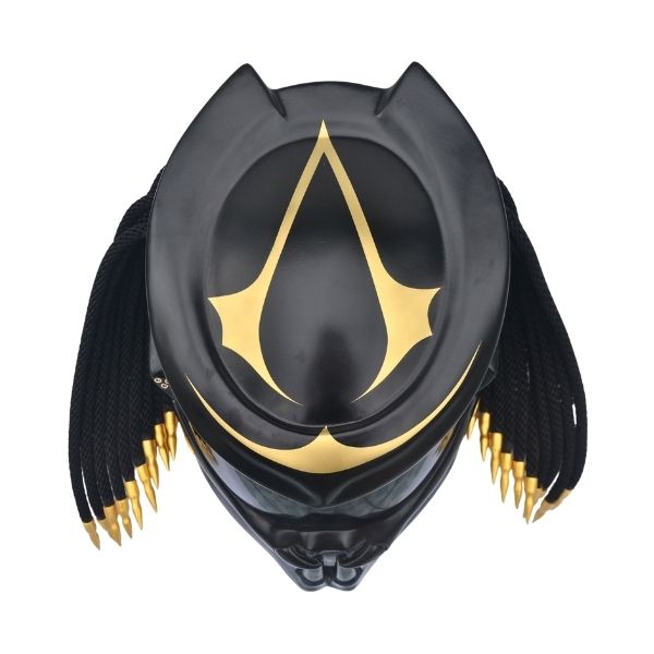 4_Matt-black-gold-predator-helmet d all matt black with golden tips predator style custom handmde motorcycle helmet top side