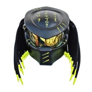 mattblack with yellow symbols predator custom handmade motorcycle helmet front side