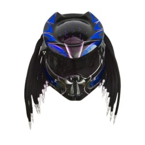 navy blue and black predator style custom handmade motorcycle helmet front side