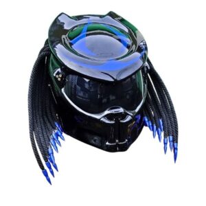 all solid black with blue symbols predator style custom handmade motorcycle helmet right side