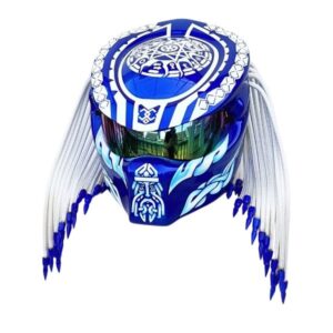 blue helmet with white dreadlock predator style custom handmade motorcycle helmet front side