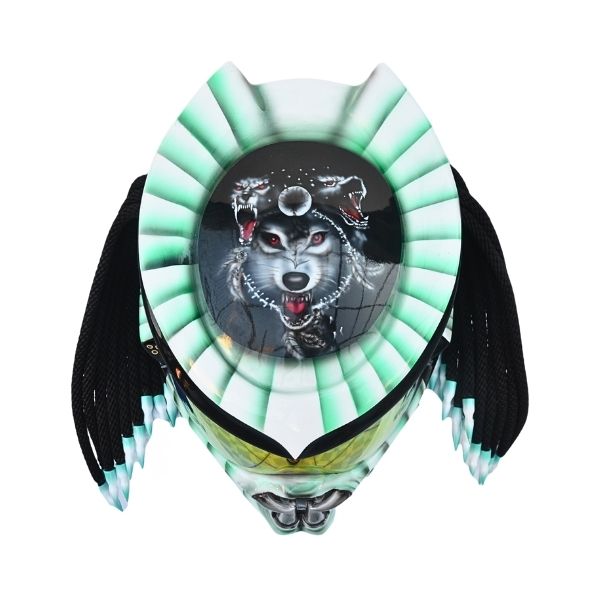 4_Purple-black-predator-helmet e black and green with wolf predator style custom handmade motorcycle helmet top side