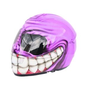 purple smiley style handmade custom motorcycle helmet left side