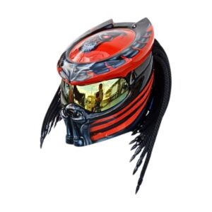red with skull symbols predator style custom handmade motorcycle helmet left side
