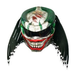 green helmet with smiley predator style custom handmade motorcycle helmet left side