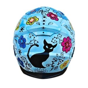 blue flower with cat custom handmade motorcycle helmet back side