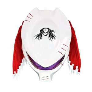 white helmet with red dreadlock predator style custom handmade motorcycle helmet top side