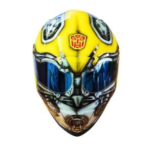 yellow robot style custom handmade motorcycle helmet top side
