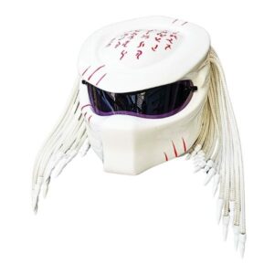all white with red symbols predator style custom handmade motorcycle helmet left side