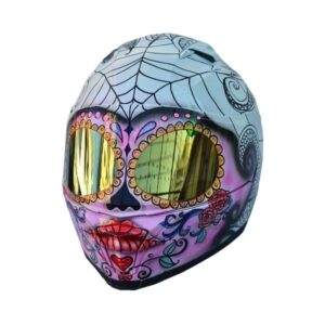 pink and white sugar skull style custom handmade motorcycle helmet left side
