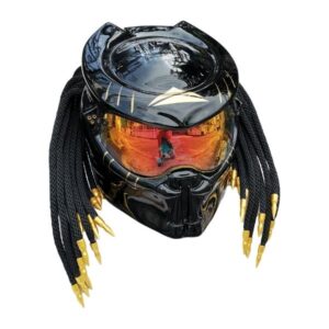 solid black with golden tips predator style custom handmade motorcycle helmet right side