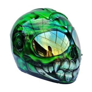 green skull helmet with fang custom handmade motorcycle helmet right side