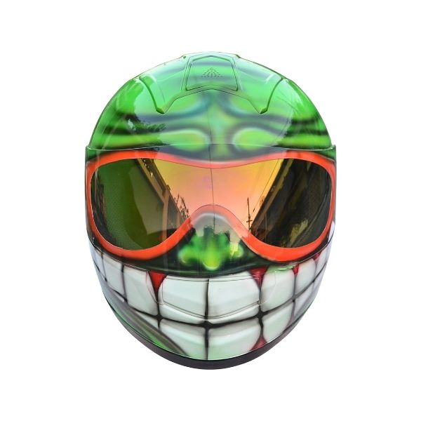 5_Green smiley-helmet c green smiley with Oakley glasses custom handmade motorcycle helmet front side