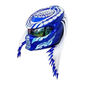 blue helmet with white dreadlock predator style custom handmade motorcycle helmet left side