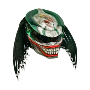 green helmet with smiley predator style custom handmade motorcycle helmet right side
