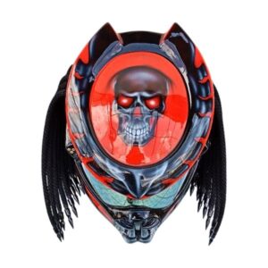 red with skull symbols predator style custom handmade motorcycle helmet top side