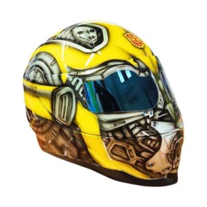 yellow robot style custom handmade motorcycle helmet right side